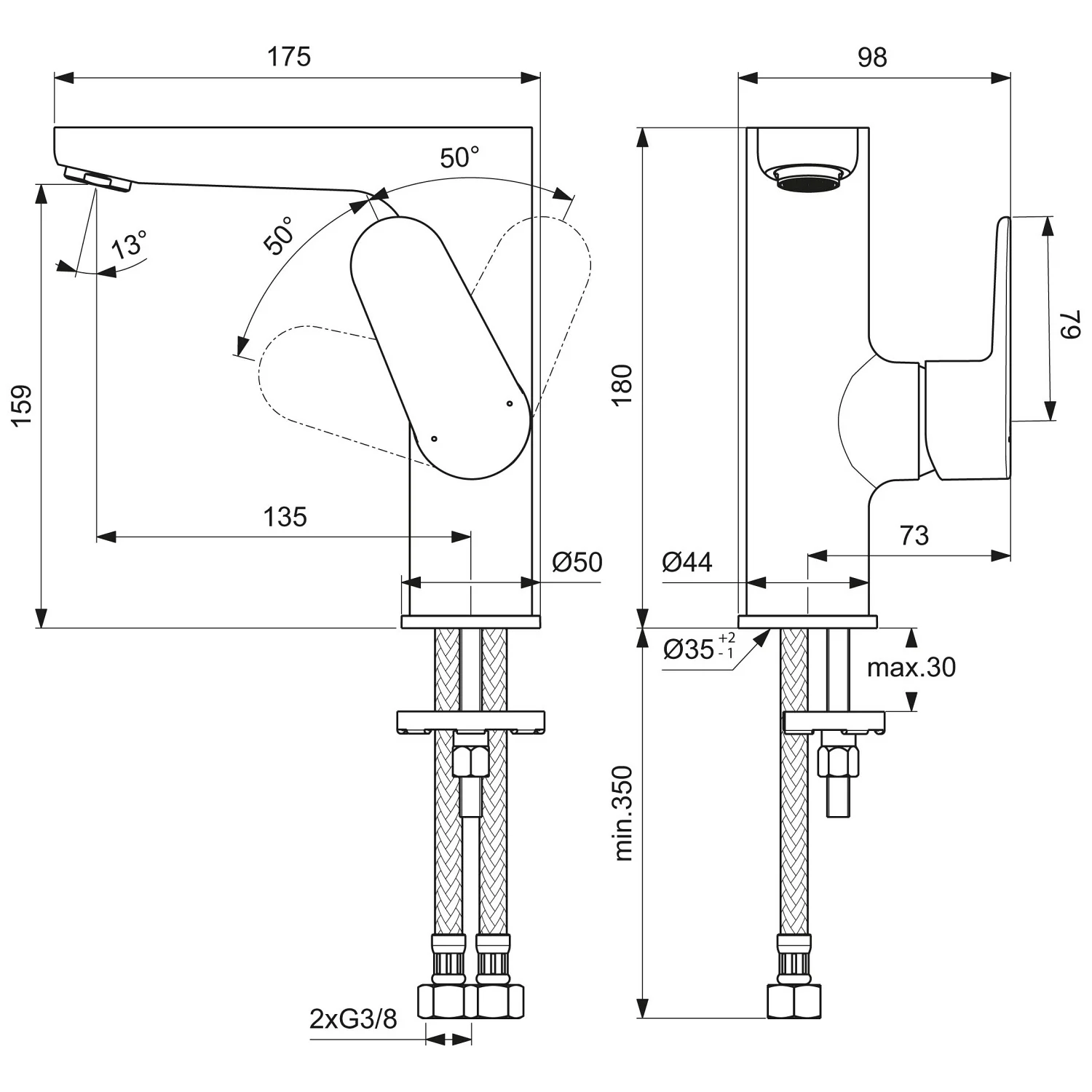 Rysunek techniczny baterii umywalkowej z wymiarami, Ideal Standard