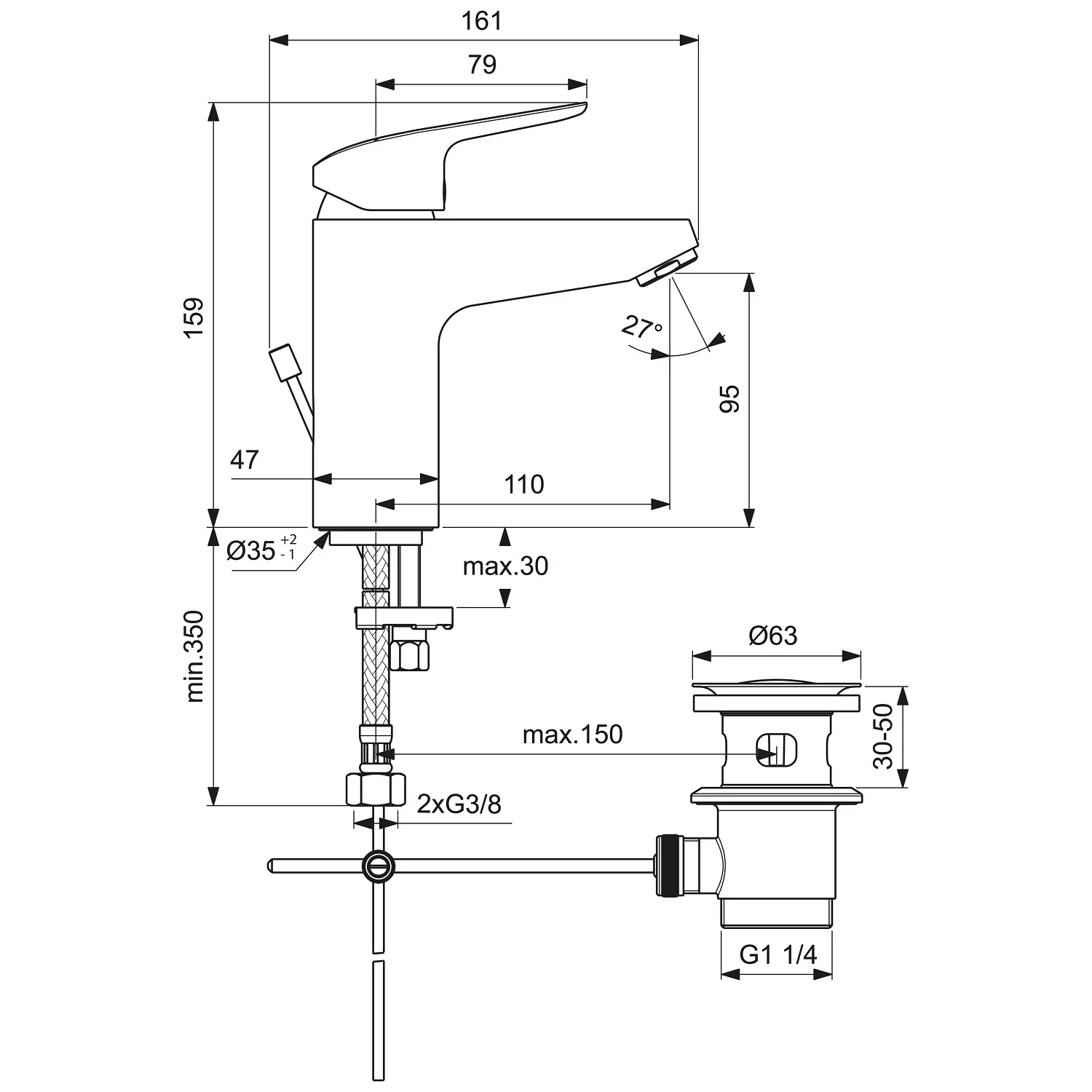 Rysunek techniczny baterii umywalkowej, Ideal Standard