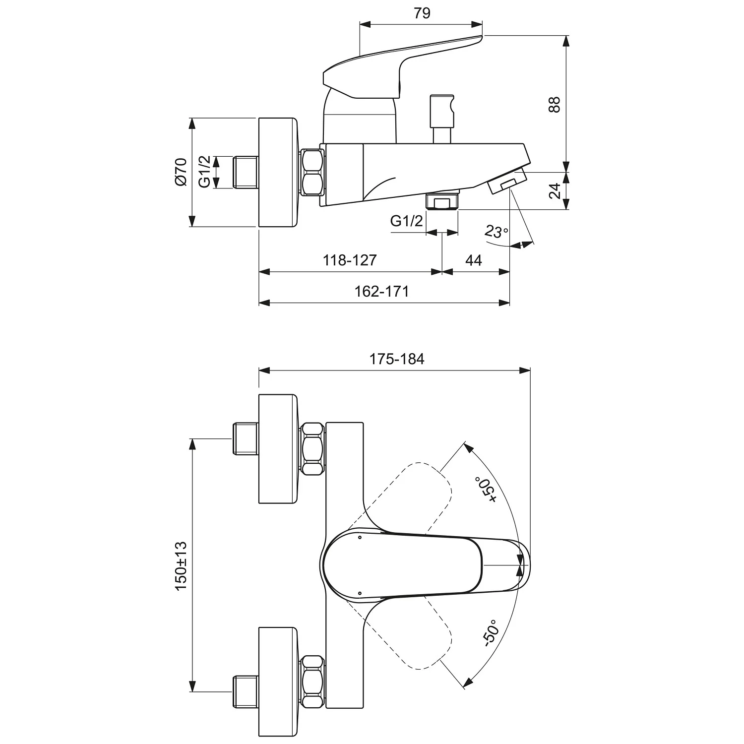Rysunek techniczny baterii umywalkowej z wymiarami, Ideal Standard
