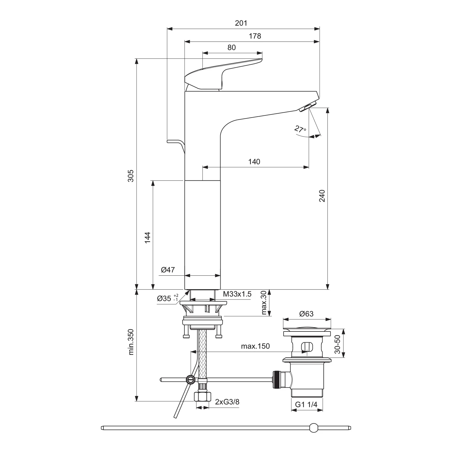 Rysunek techniczny baterii umywalkowej z wymiarami, Ideal Standard