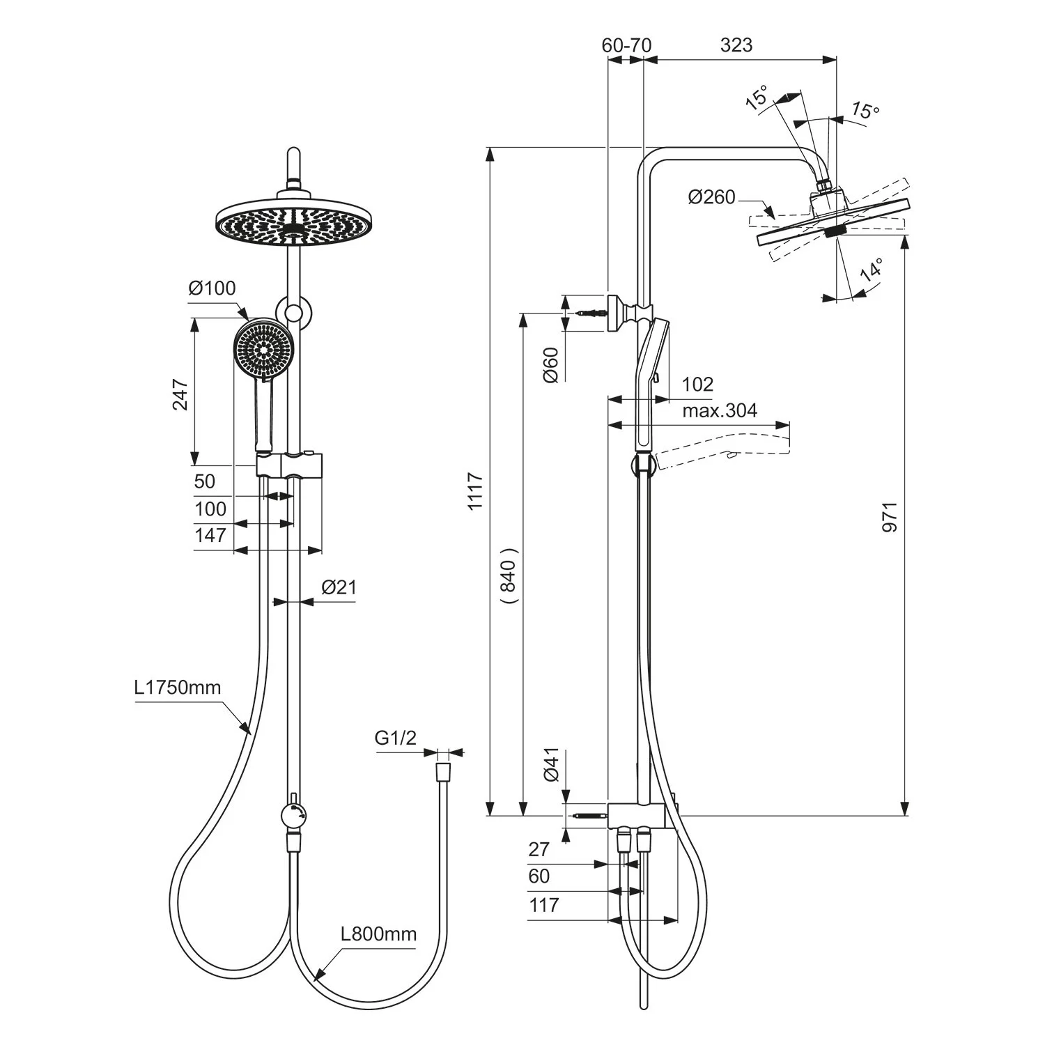 Rysunek techniczny systemu prysznicowego z wymiarami, Ideal Standard