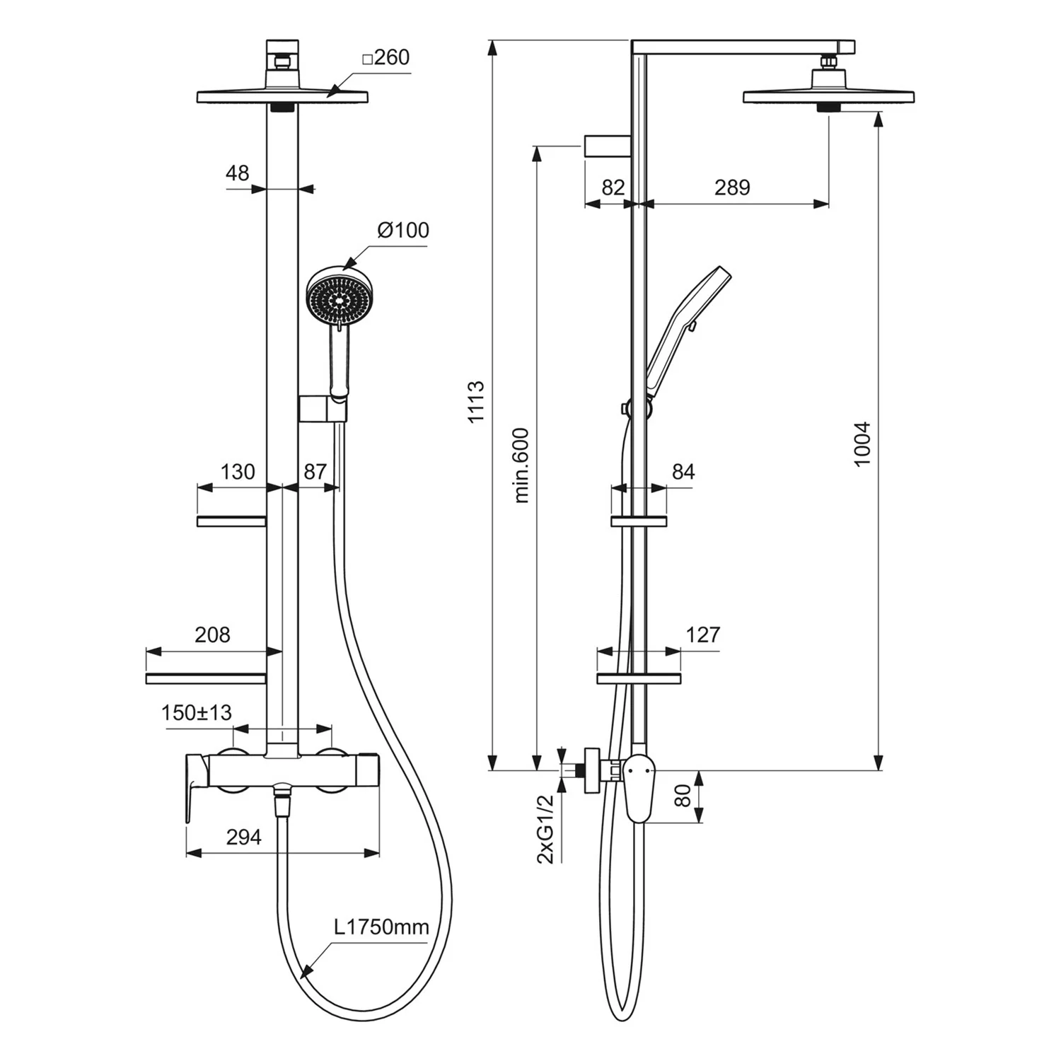 Rysunek techniczny systemu prysznicowego z wymiarami, Ideal Standard