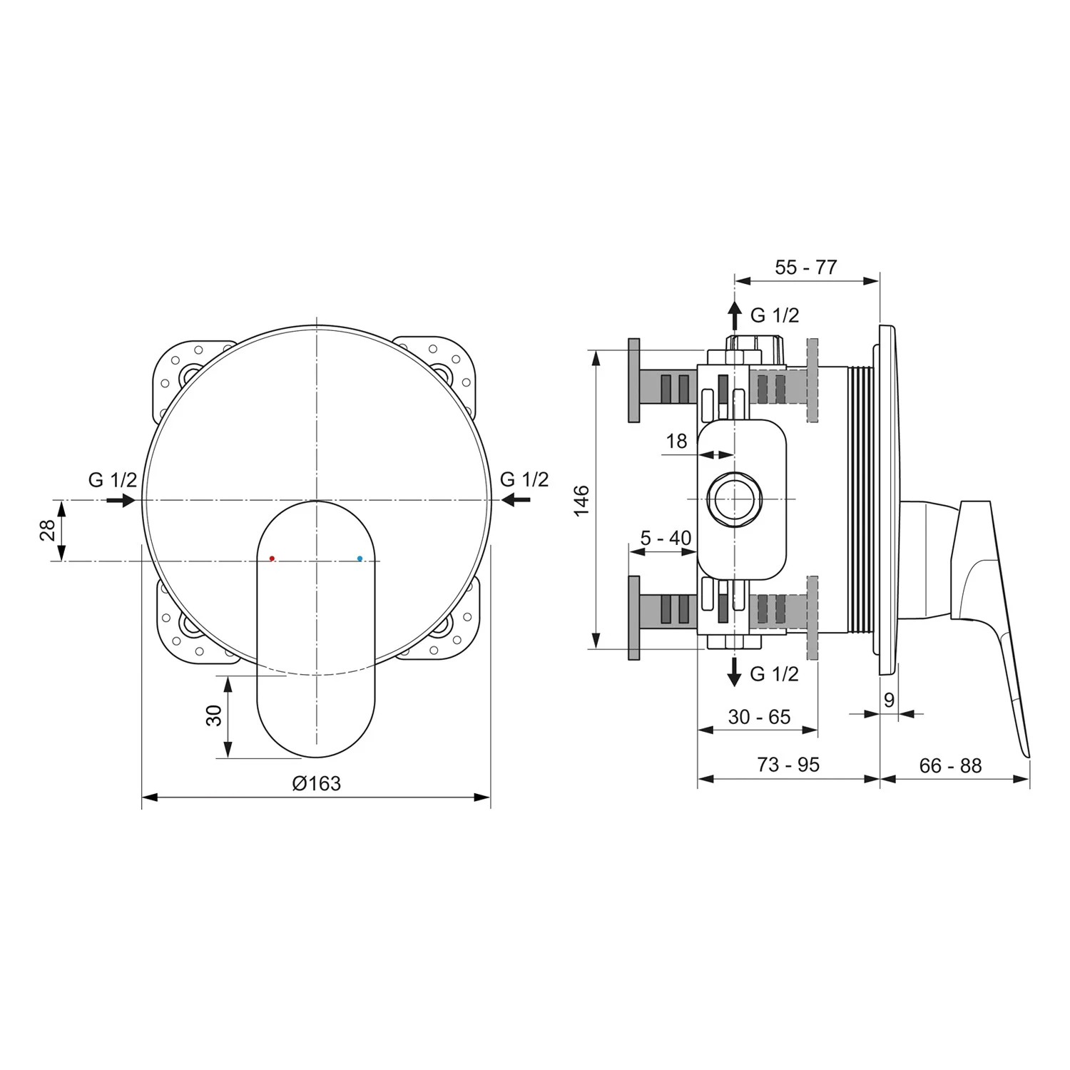 Rysunek techniczny armatury łazienkowej z wymiarami, Ideal Standard