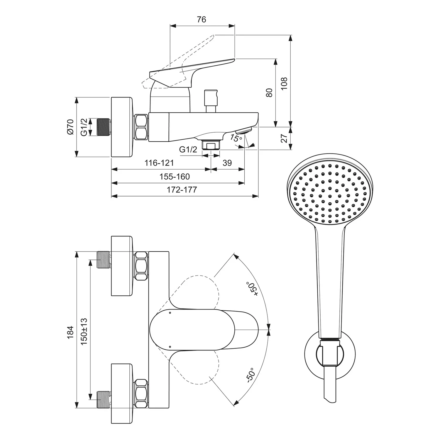 Rysunek techniczny baterii prysznicowej z wymiarami, Ideal Standard
