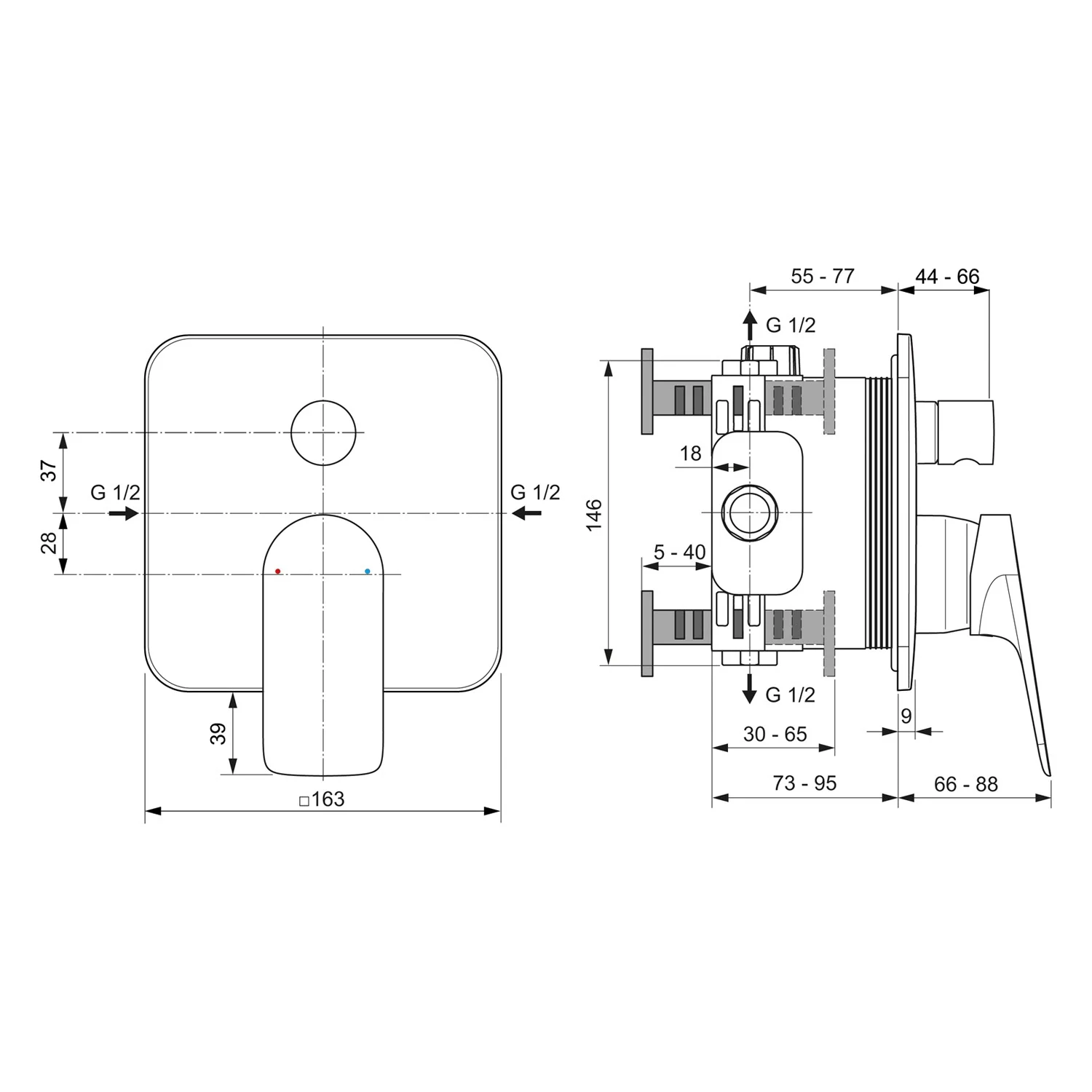 Rysunek techniczny baterii wannowej z wymiarami, Ideal Standard