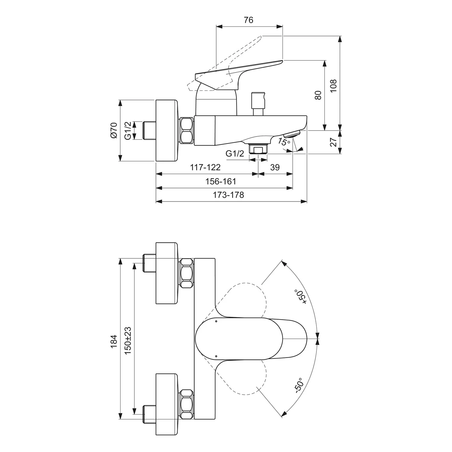 Rysunek techniczny baterii mieszającej z wymiarami, Ideal Standard