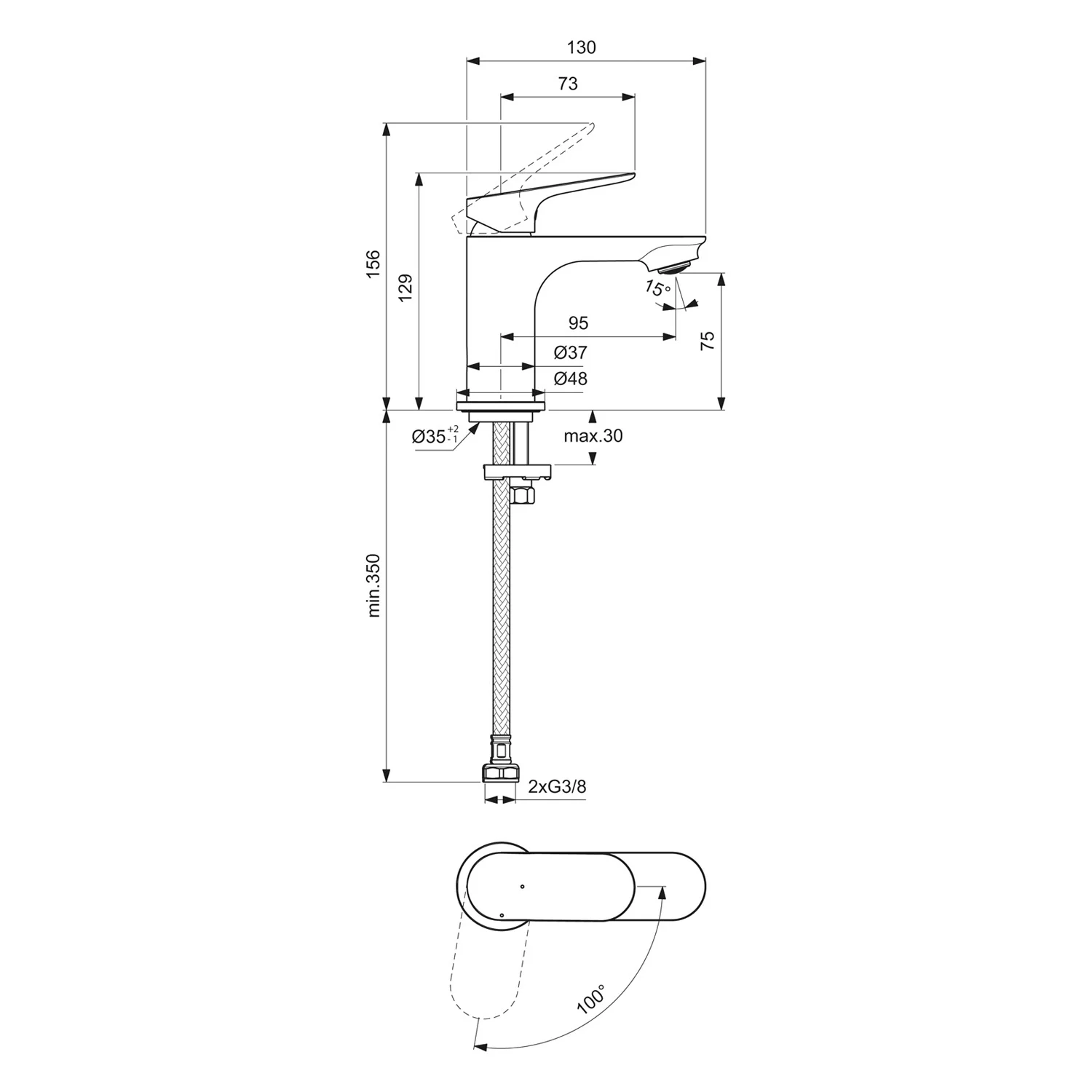 Rysunek techniczny baterii umywalkowej z wymiarami, Ideal Standard