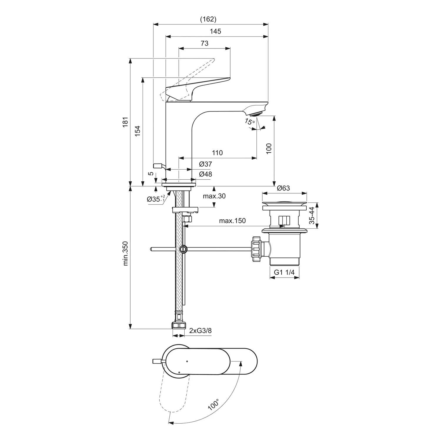 Rysunek techniczny baterii umywalkowej z wymiarami, Ideal Standard