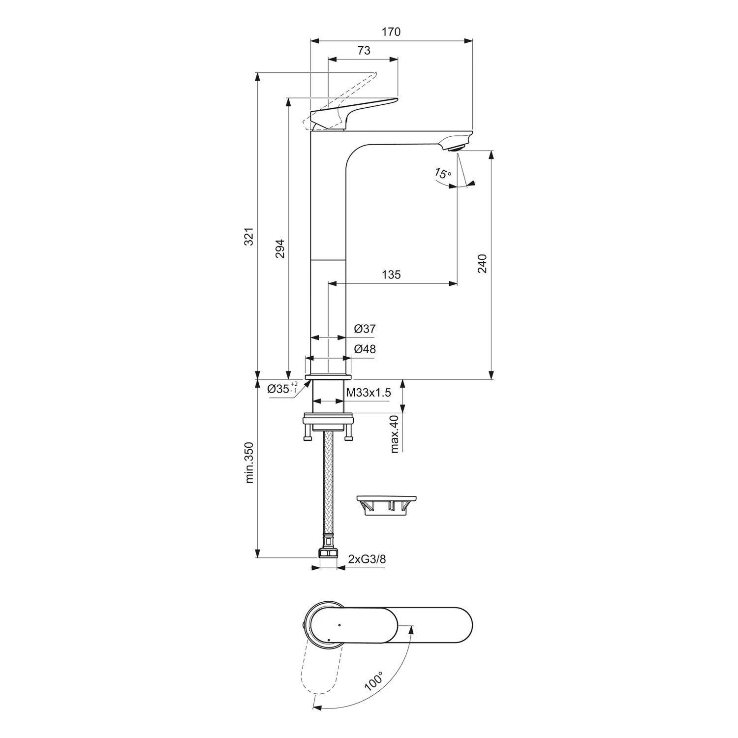 Rysunek techniczny baterii umywalkowej z wymiarami, Ideal Standard