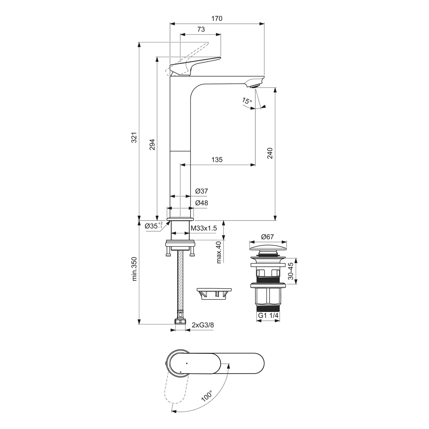 Rysunek techniczny baterii umywalkowej z wymiarami, Ideal Standard
