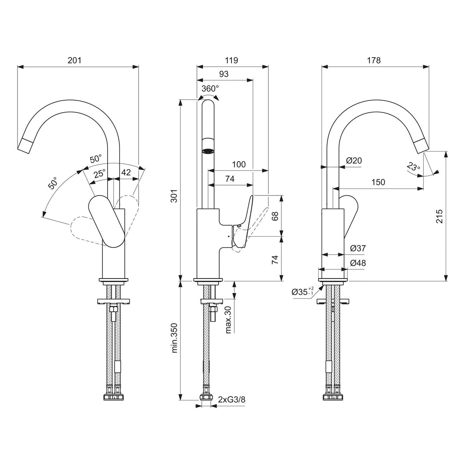 Rysunek techniczny baterii umywalkowej z wymiarami, Ideal Standard