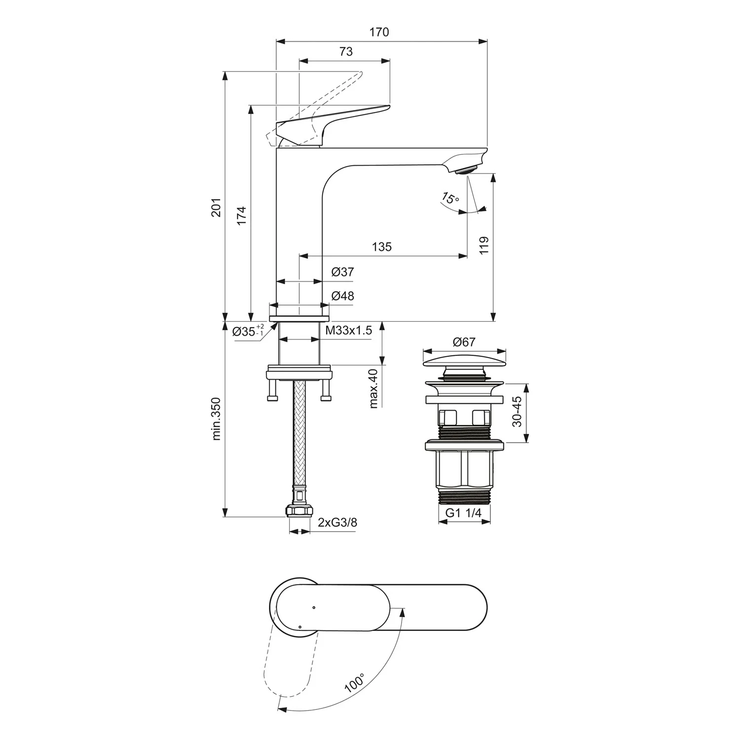 Rysunek techniczny baterii umywalkowej z wymiarami, Ideal Standard