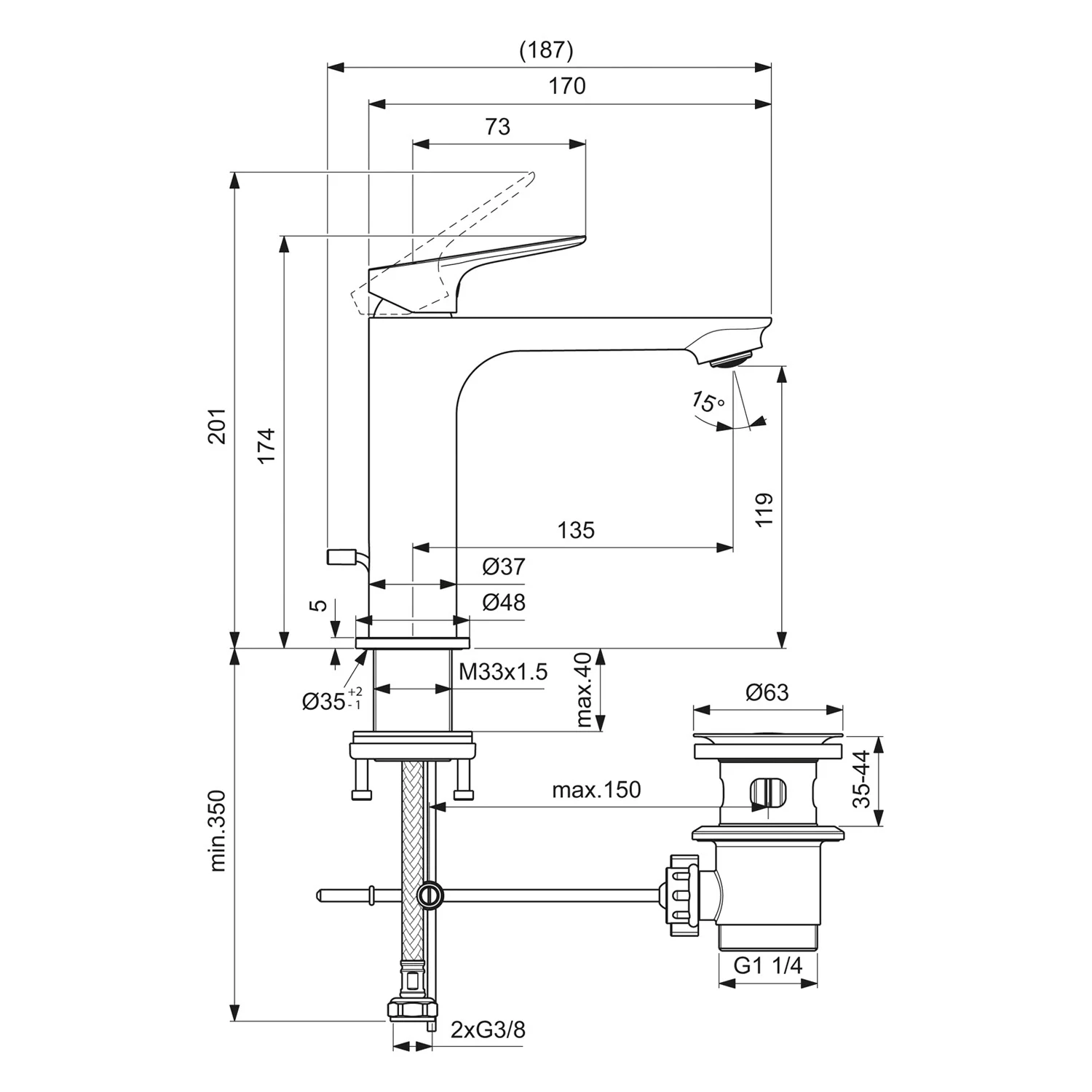 Rysunek techniczny baterii umywalkowej z wymiarami, Ideal Standard
