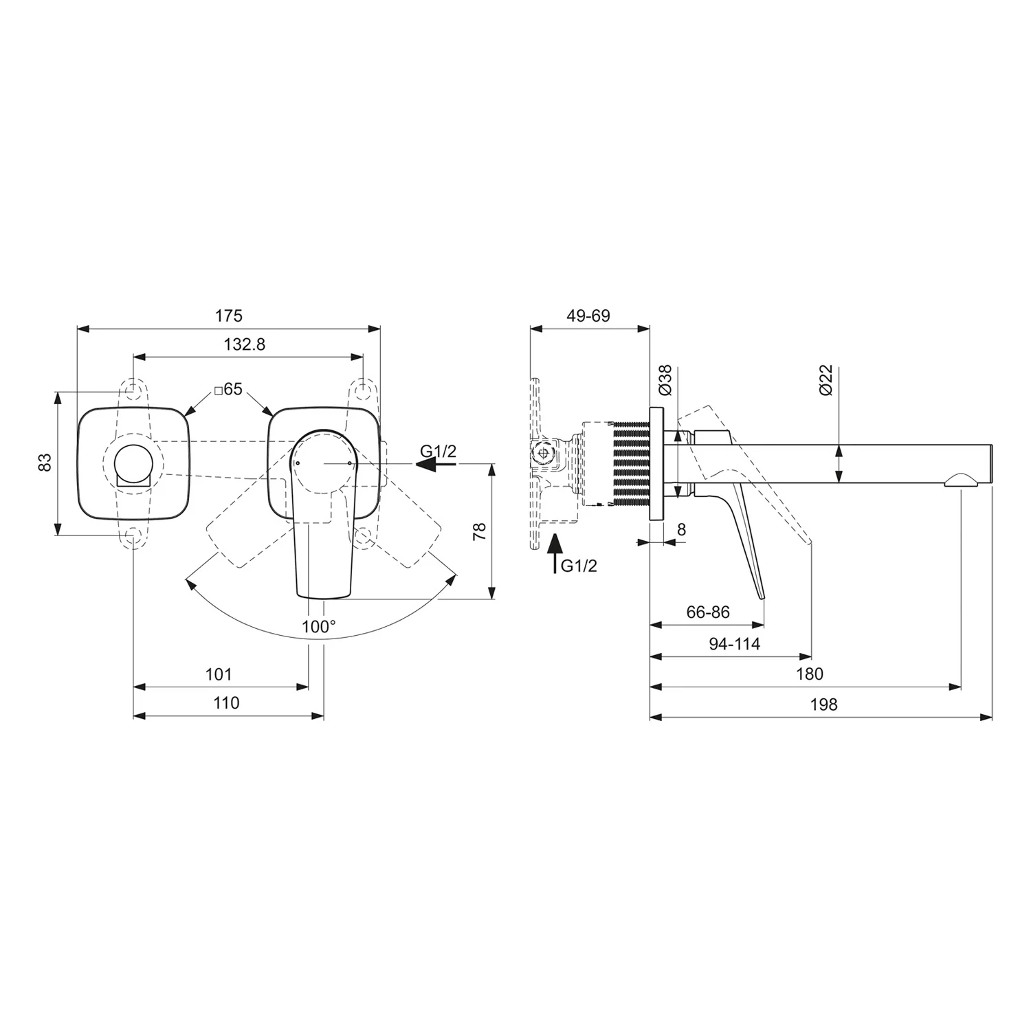 Rysunek techniczny baterii ściennej z wymiarami, Ideal Standard