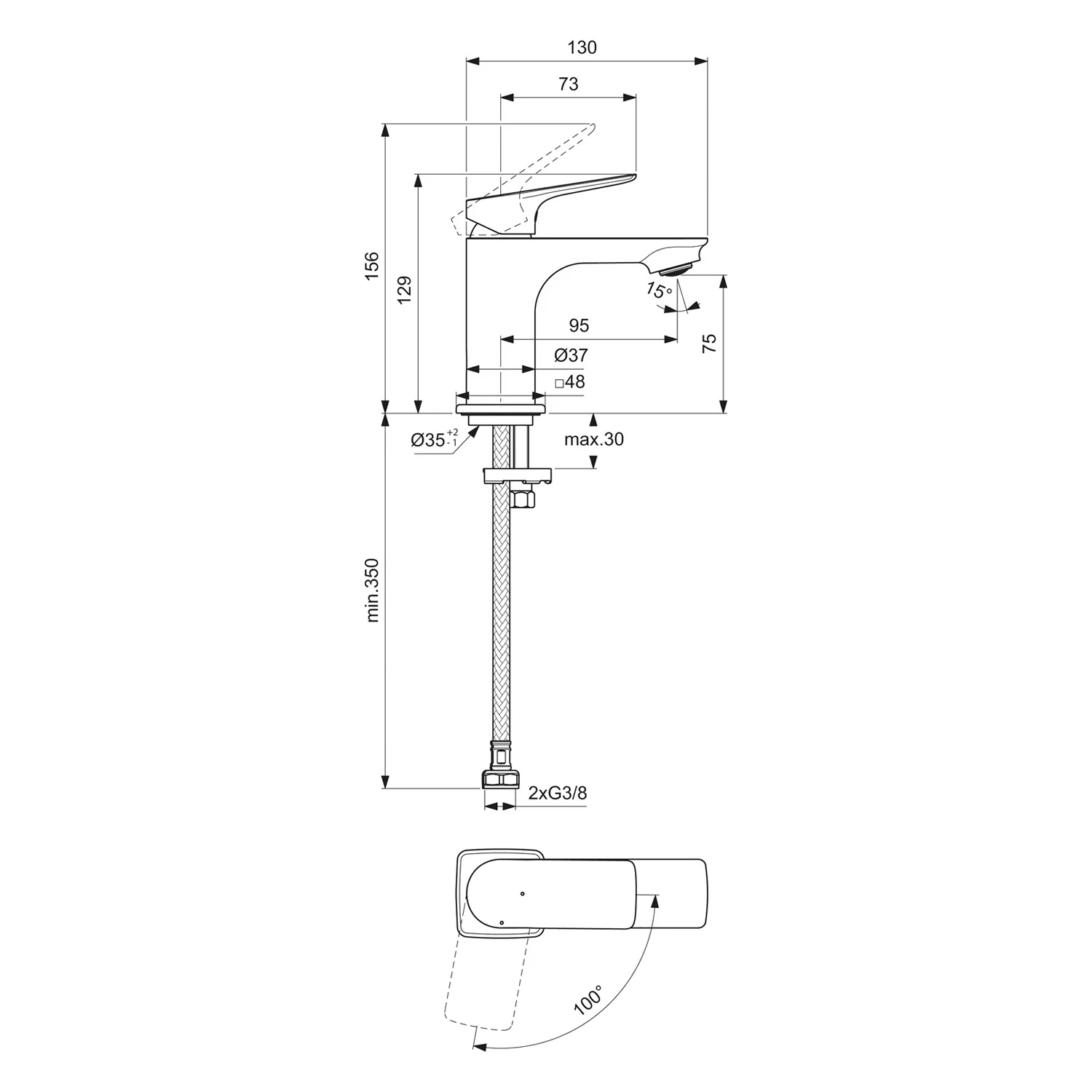 Rysunek techniczny baterii umywalkowej z wymiarami, Ideal Standard