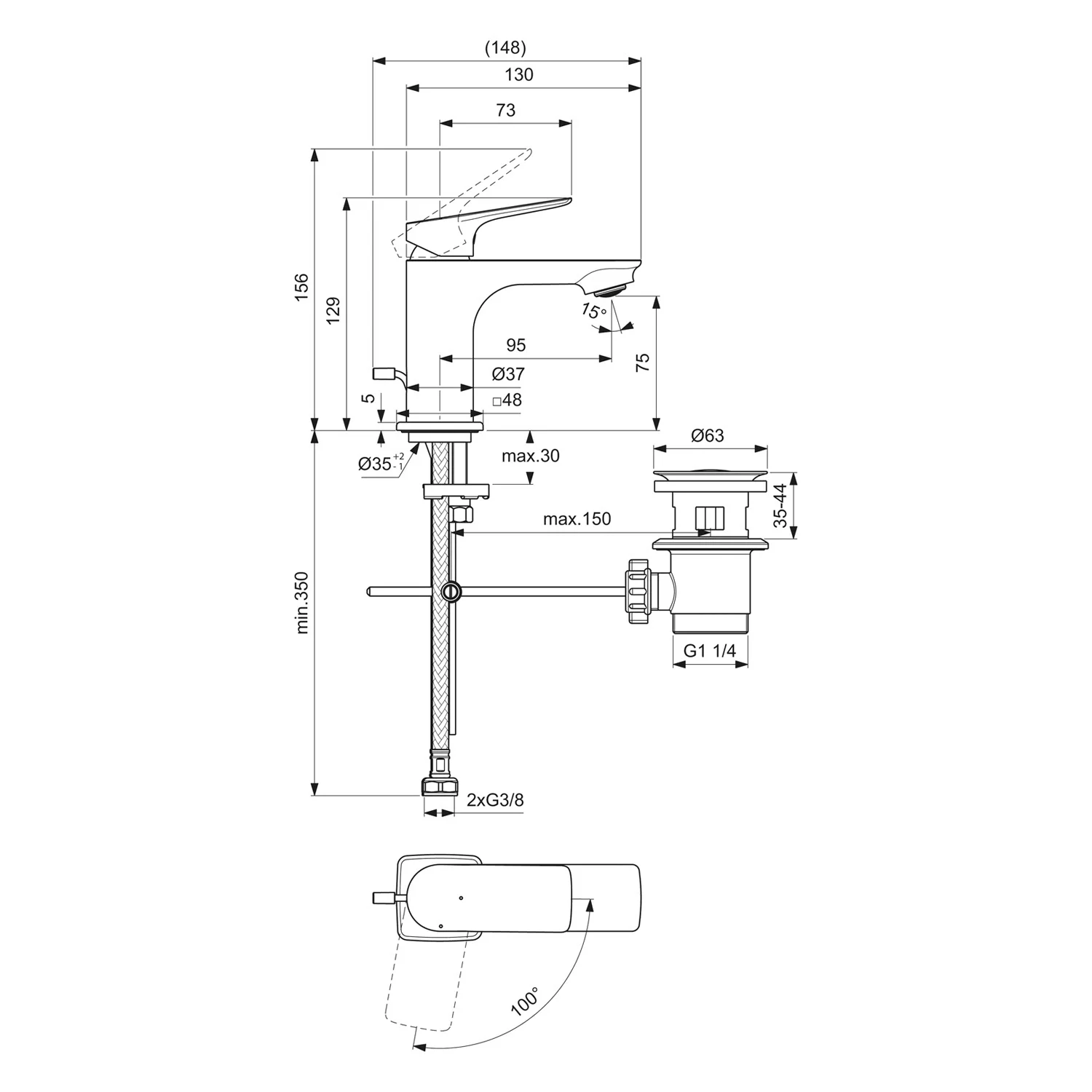 Rysunek techniczny baterii umywalkowej z wymiarami, Ideal Standard