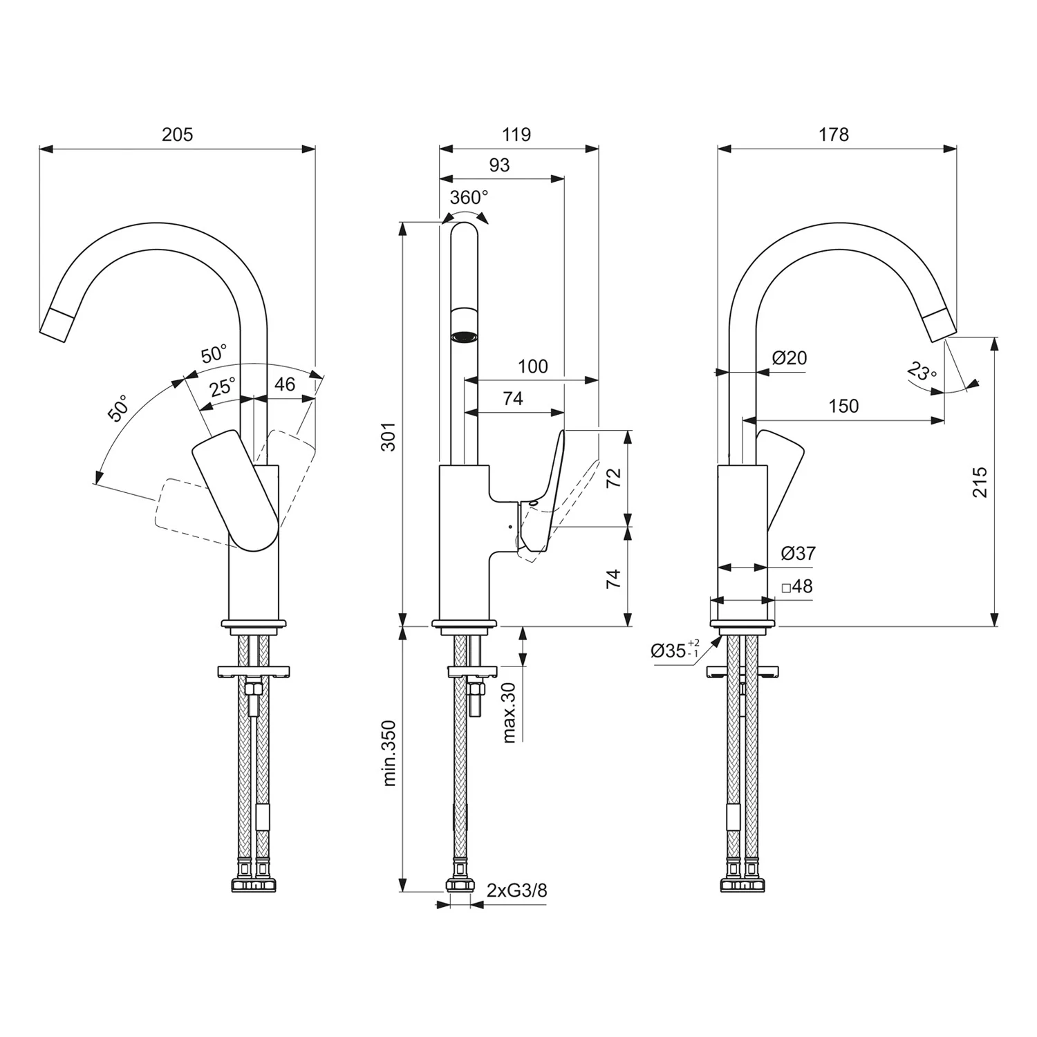 Rysunek techniczny baterii umywalkowej z wymiarami, Ideal Standard