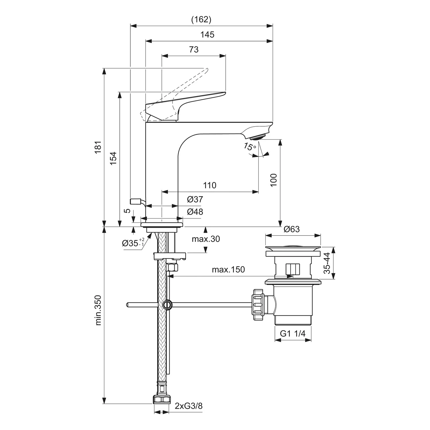 Rysunek techniczny baterii umywalkowej z wymiarami, Ideal Standard