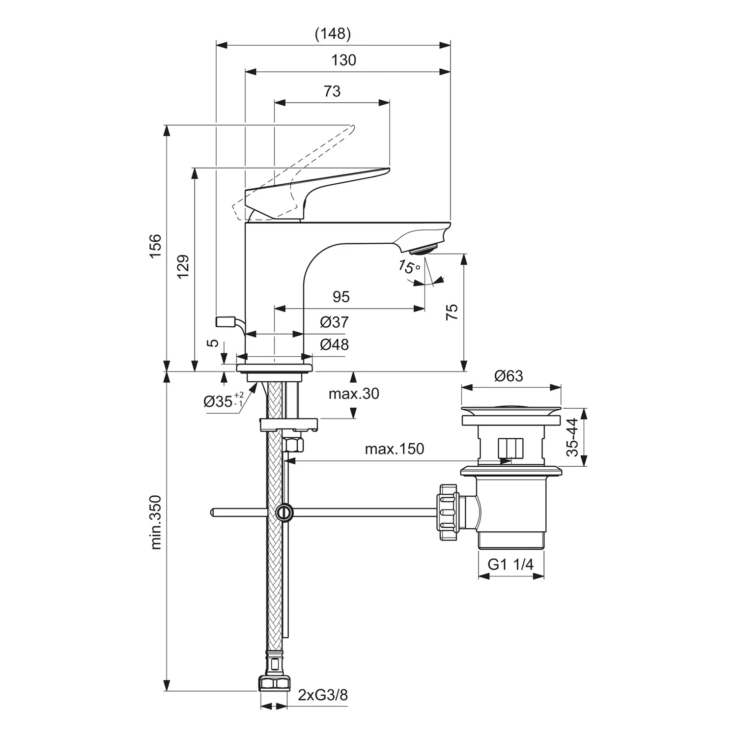 Rysunek techniczny baterii umywalkowej z wymiarami, Ideal Standard