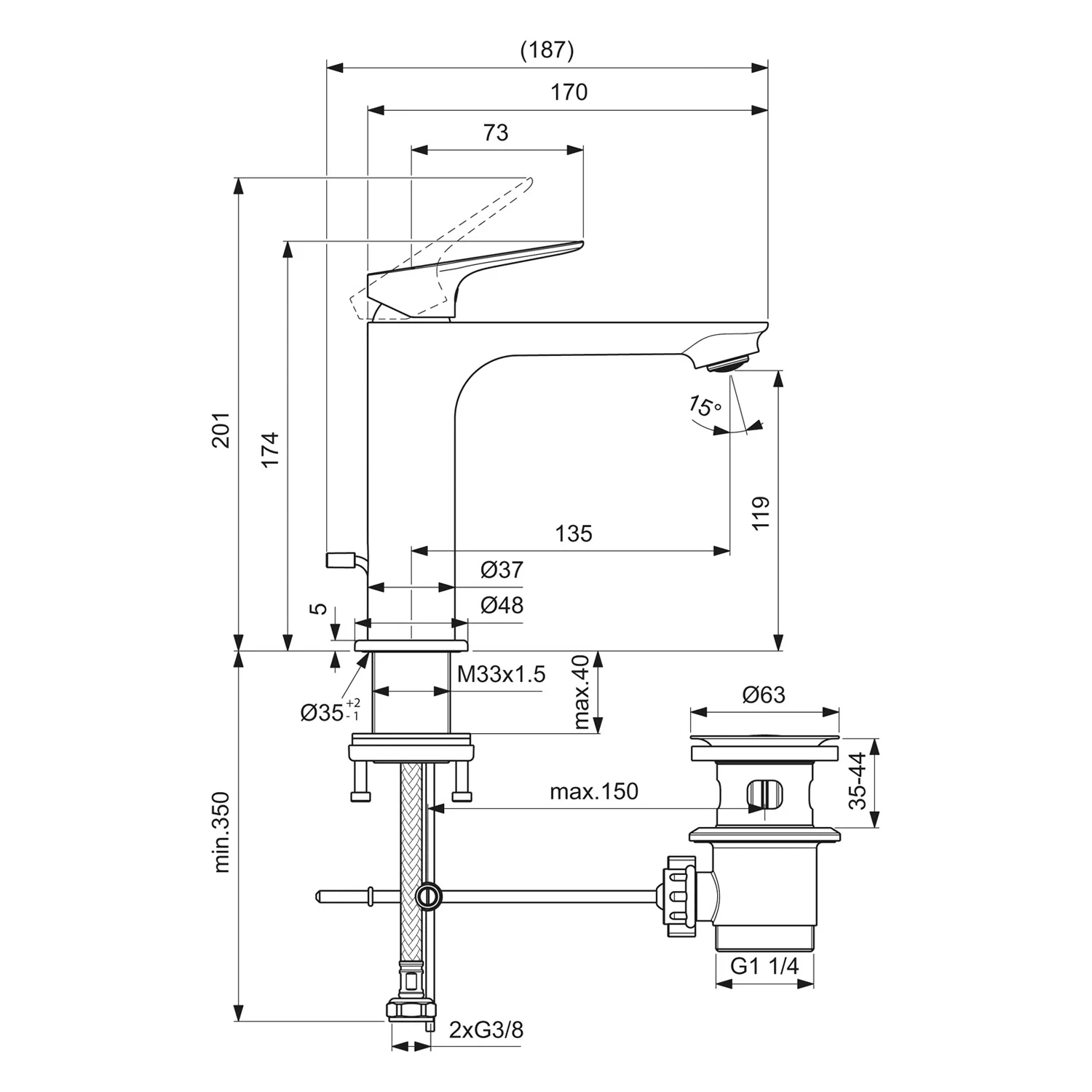 Rysunek techniczny baterii umywalkowej z wymiarami, Ideal Standard