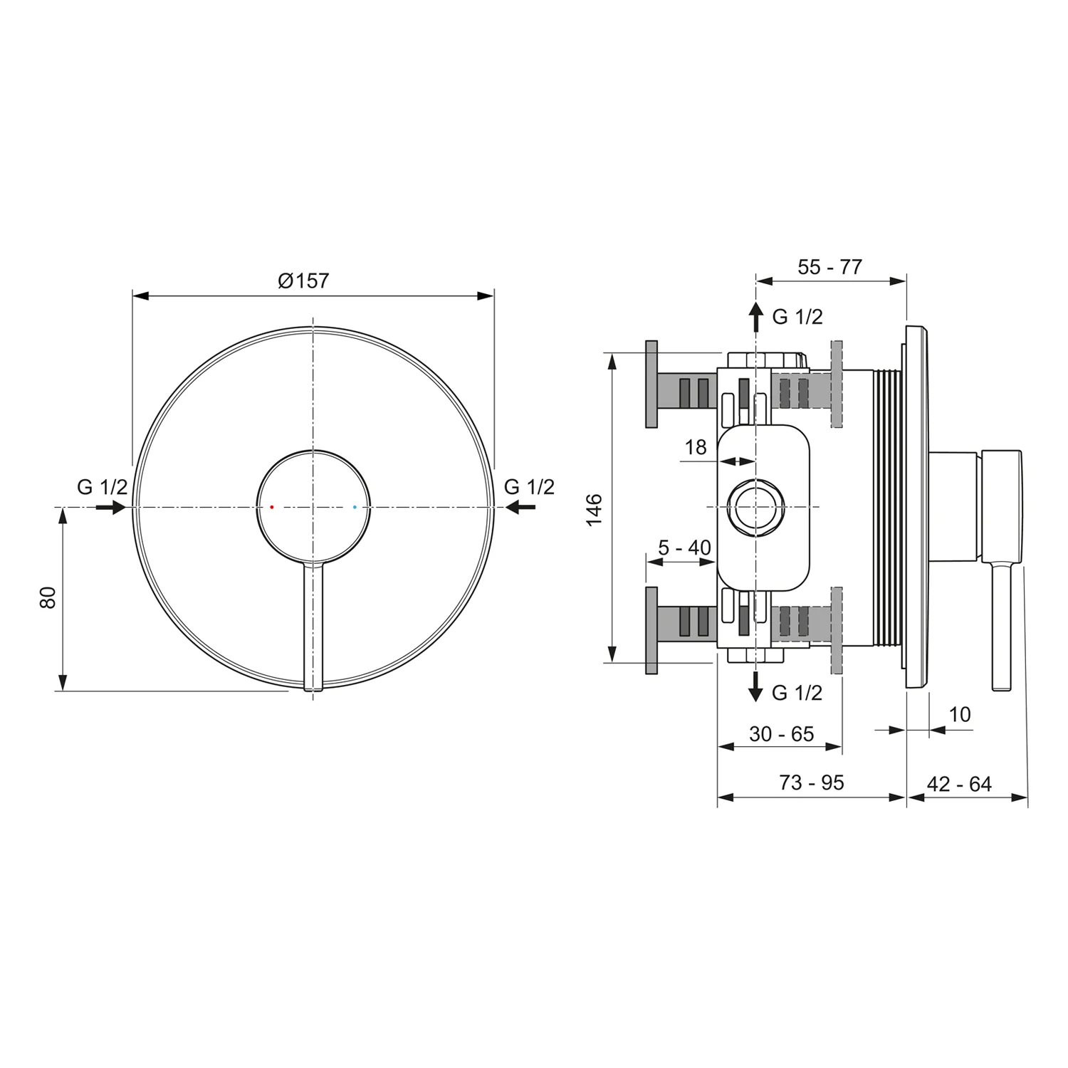 Rysunek techniczny okrągłego złącza z wymiarami, Ideal Standard