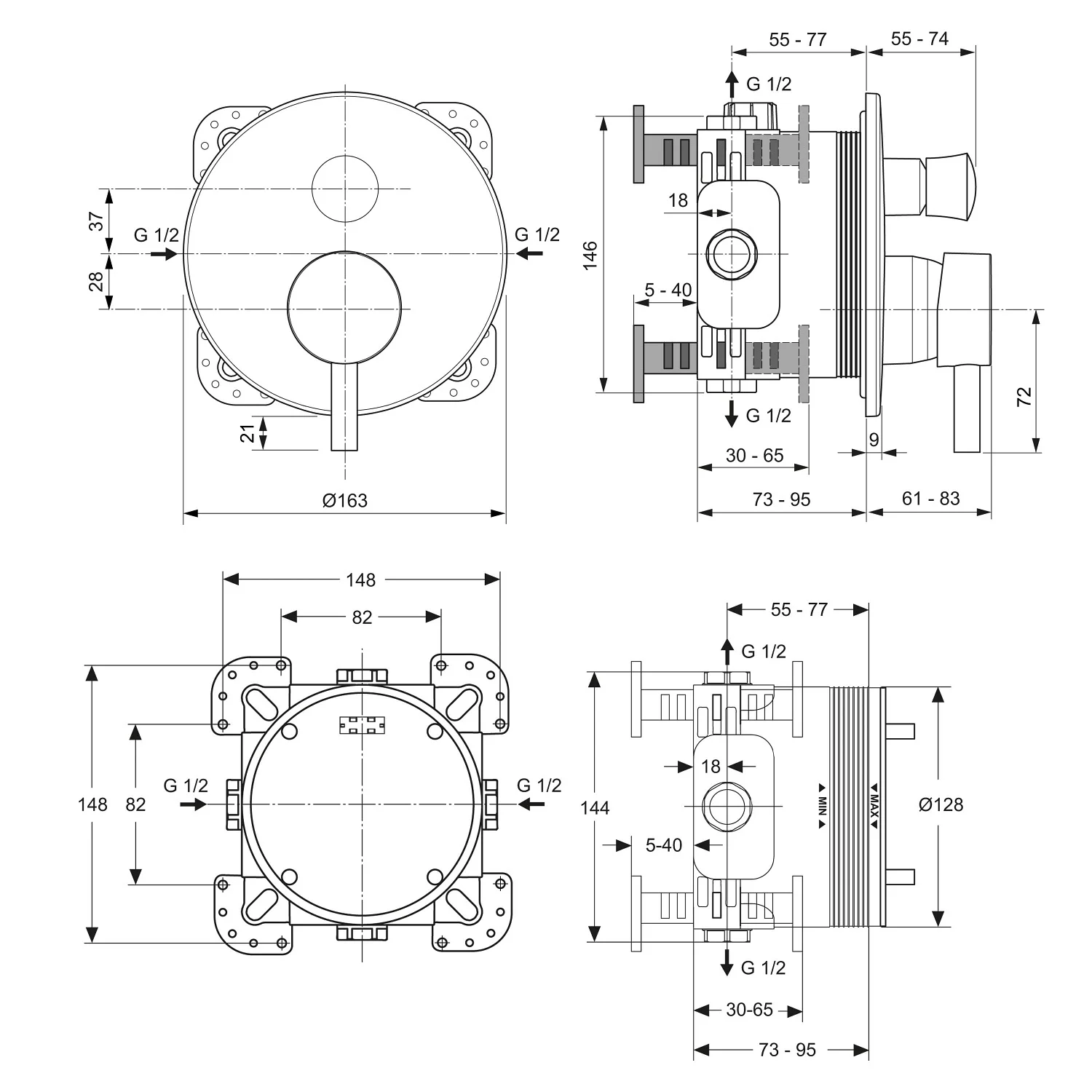 Rysunek techniczny baterii prysznicowej z wymiarami, Ideal Standard