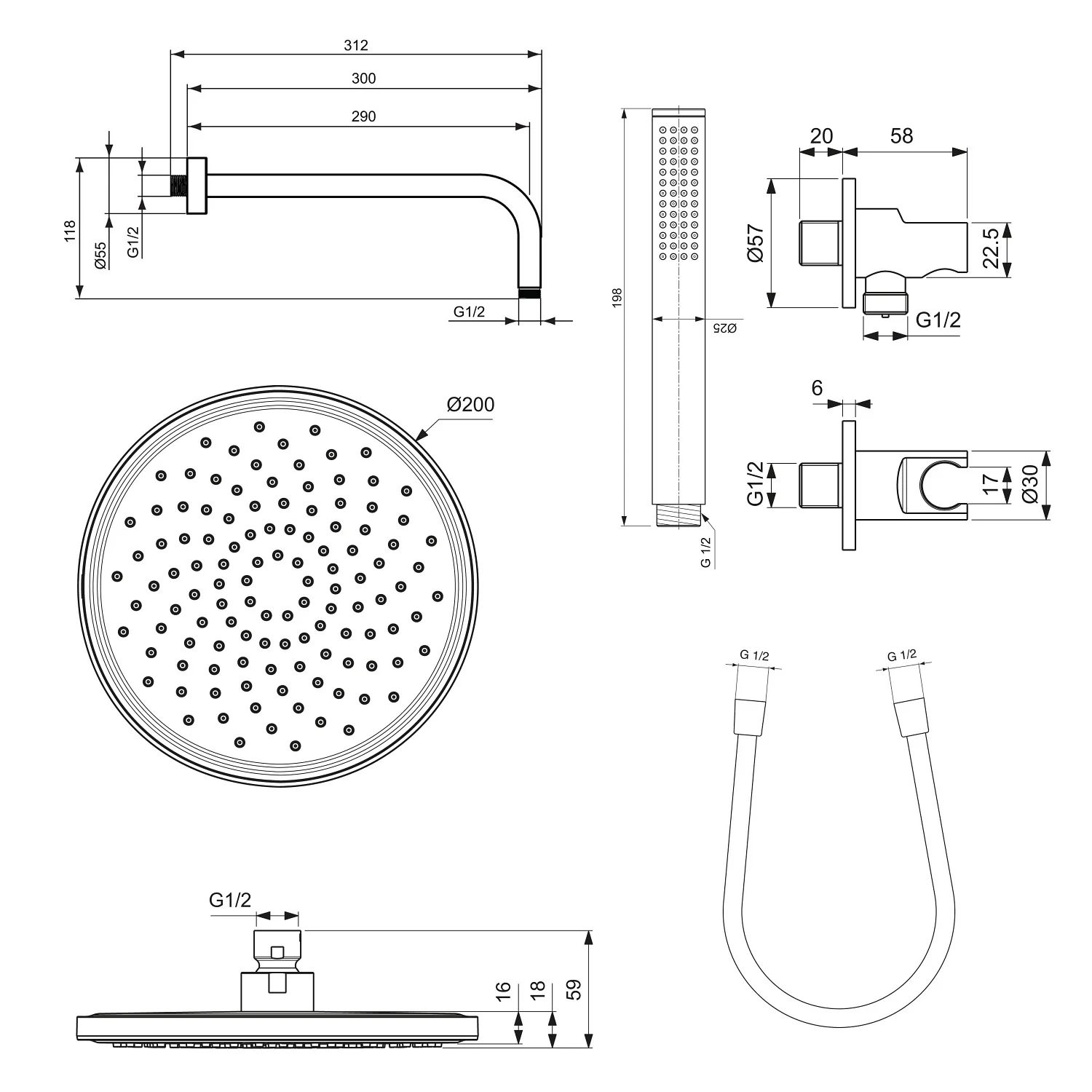 Rysunek techniczny baterii prysznicowej z wymiarami, Ideal Standard