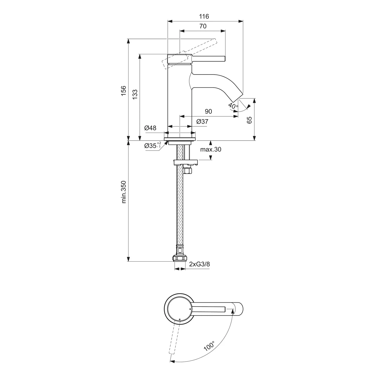 Rysunek techniczny baterii umywalkowej z wymiarami, Ideal Standard