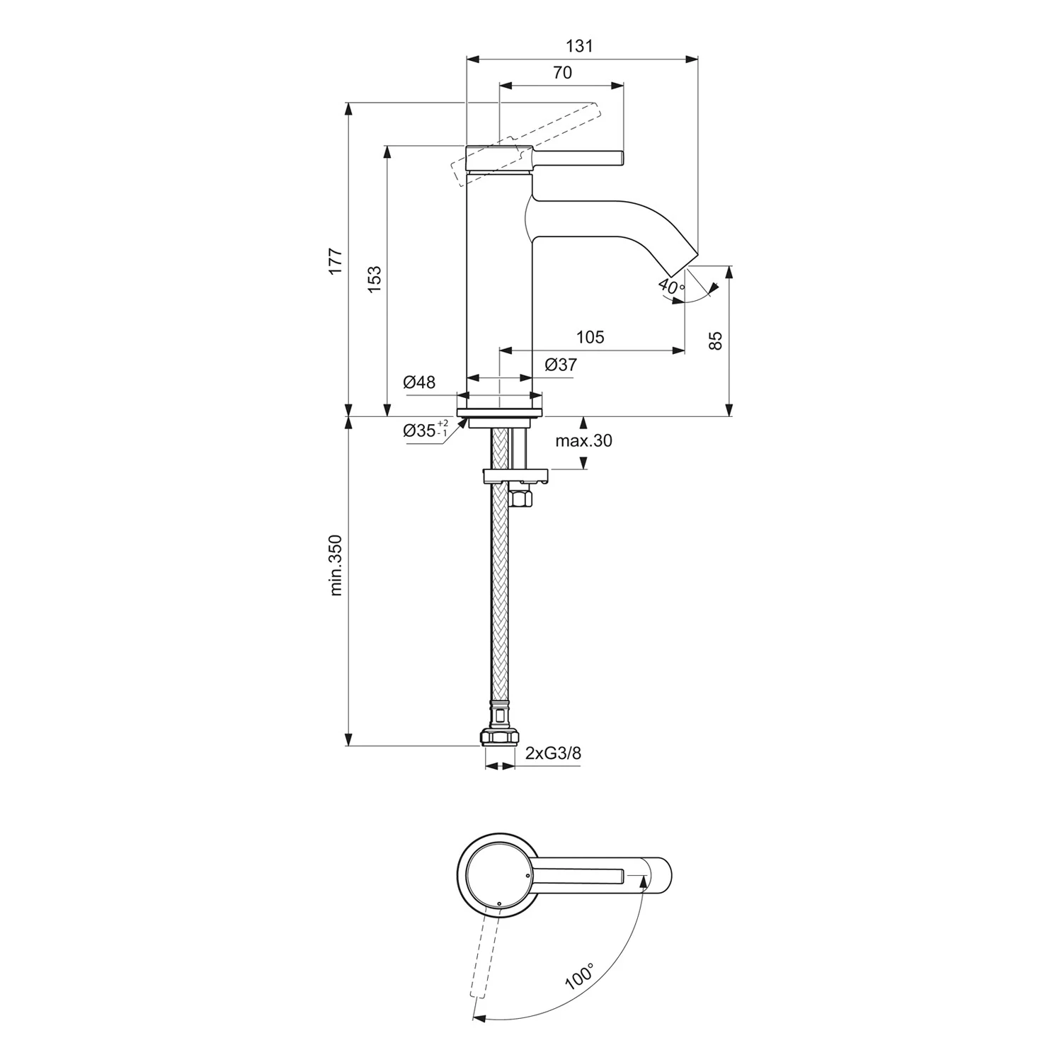 Rysunek techniczny baterii umywalkowej z wymiarami, Ideal Standard