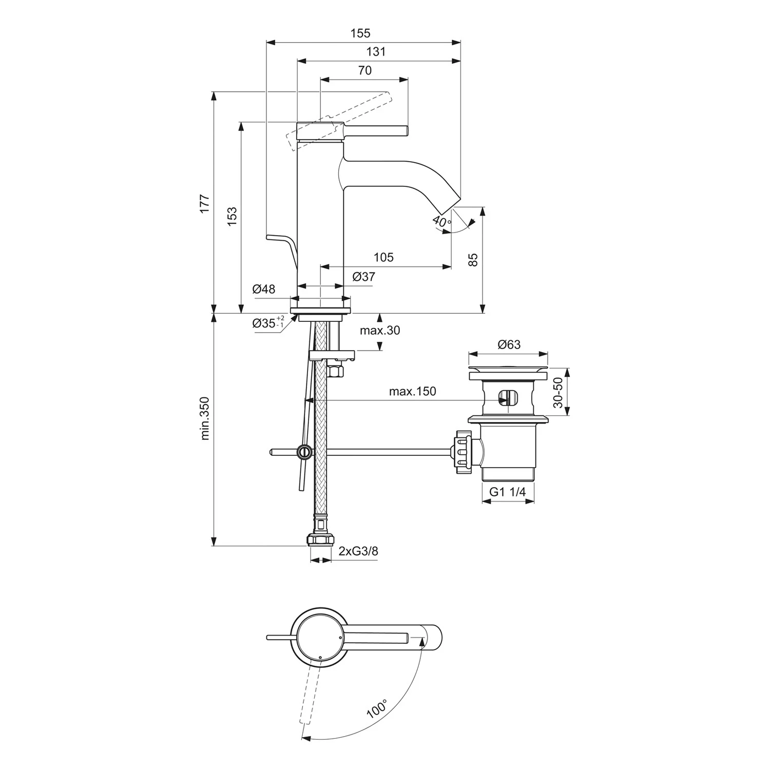 Rysunek techniczny baterii umywalkowej z wymiarami, Ideal Standard