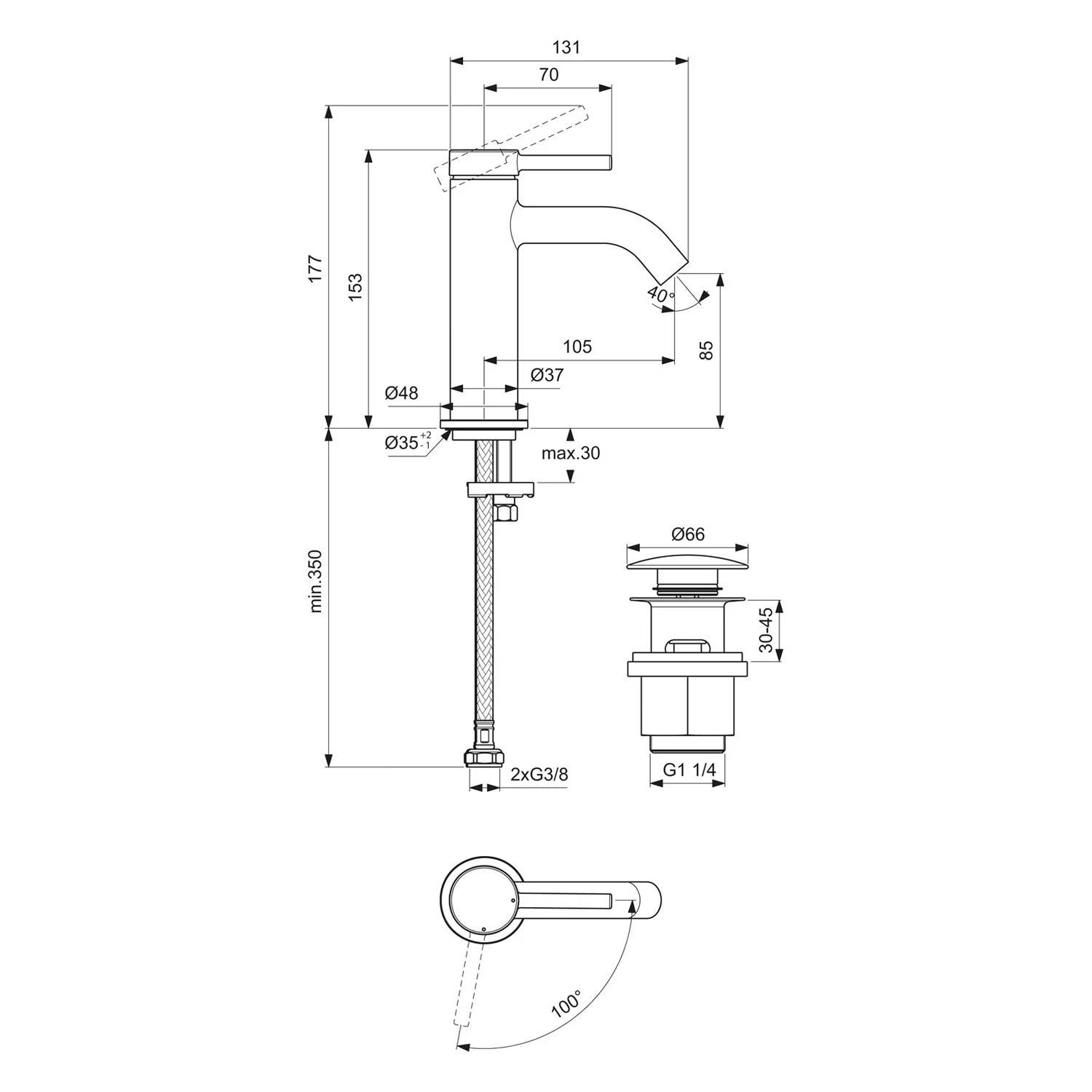 Rysunek techniczny baterii umywalkowej z wymiarami, Ideal Standard