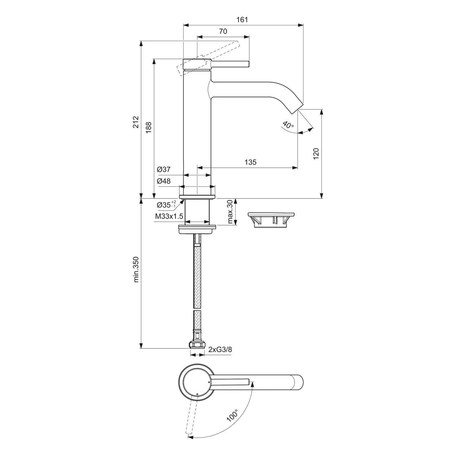 Rysunek techniczny baterii umywalkowej z wymiarami, Ideal Standard