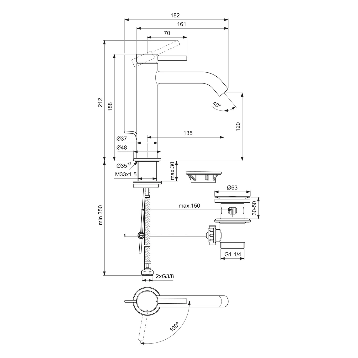 Rysunek techniczny baterii umywalkowej z wymiarami, Ideal Standard