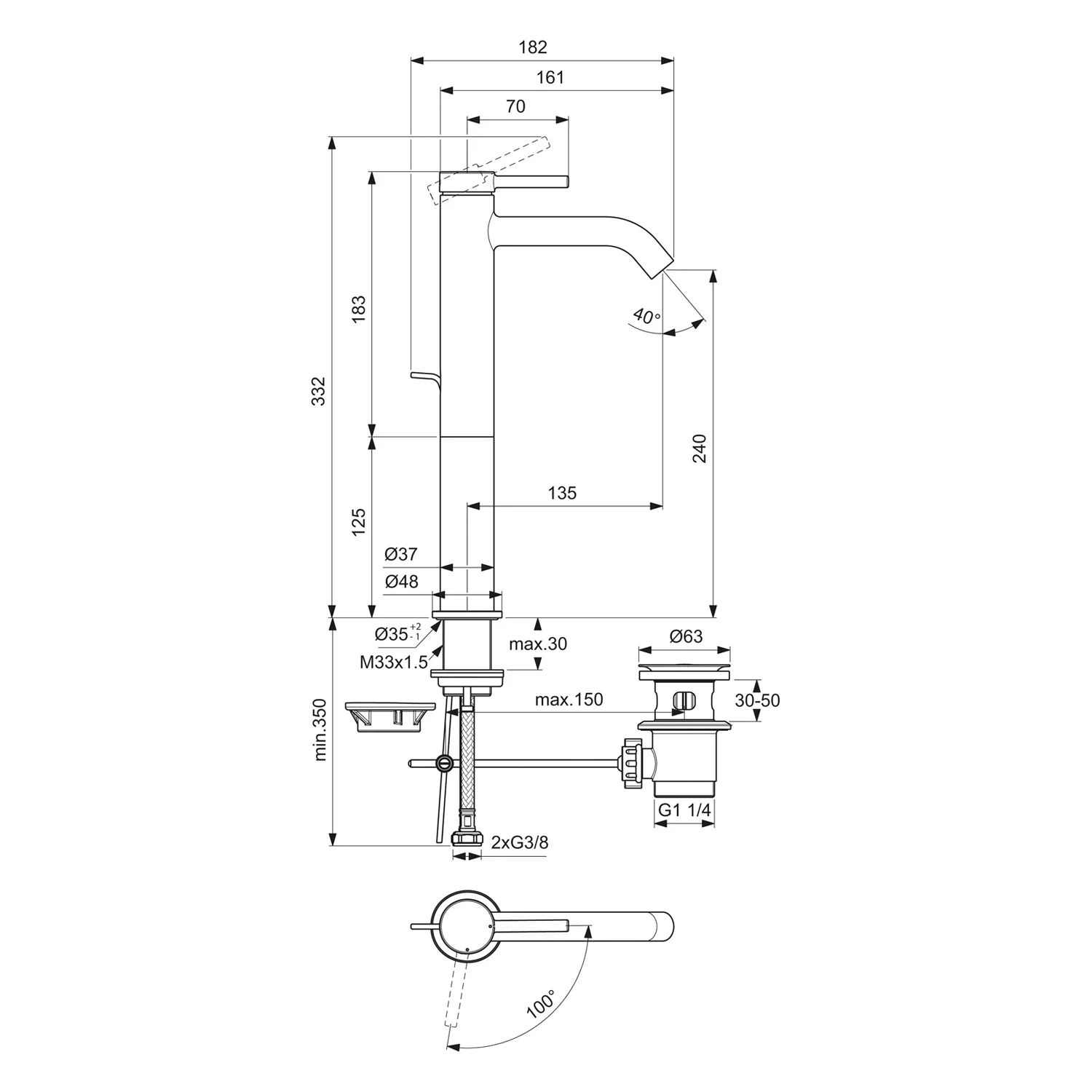 Rysunek techniczny baterii umywalkowej z wymiarami, Ideal Standard