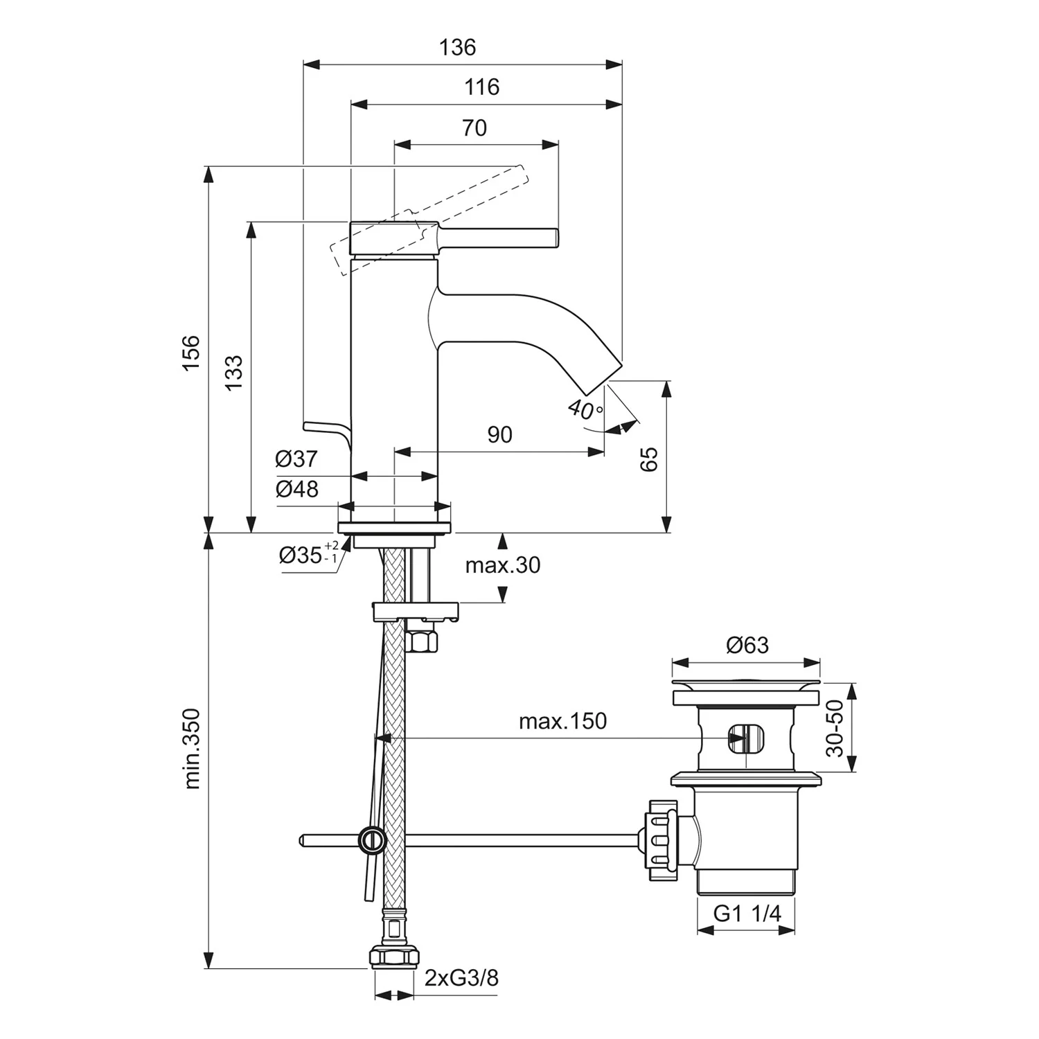 Rysunek techniczny baterii umywalkowej z wymiarami, Ideal Standard