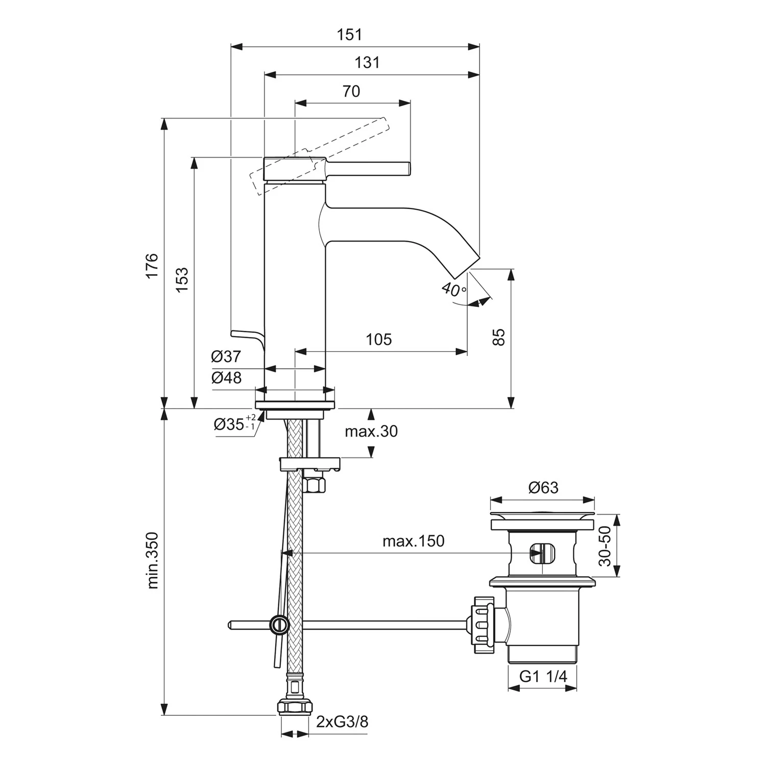 Rysunek techniczny baterii umywalkowej z wymiarami, Ideal Standard