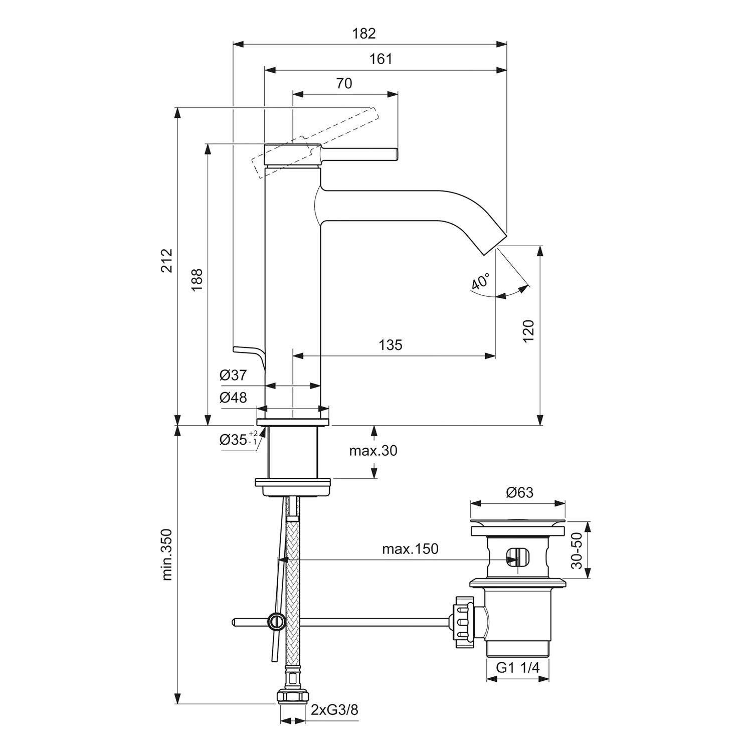 Rysunek techniczny baterii umywalkowej z wymiarami, Ideal Standard