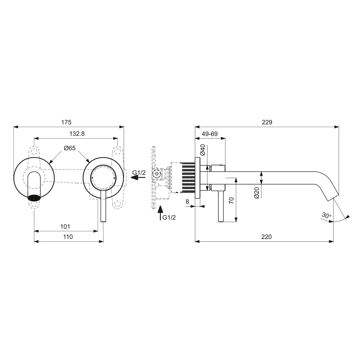 Rysunek techniczny baterii umywalkowej, Ideal Standard