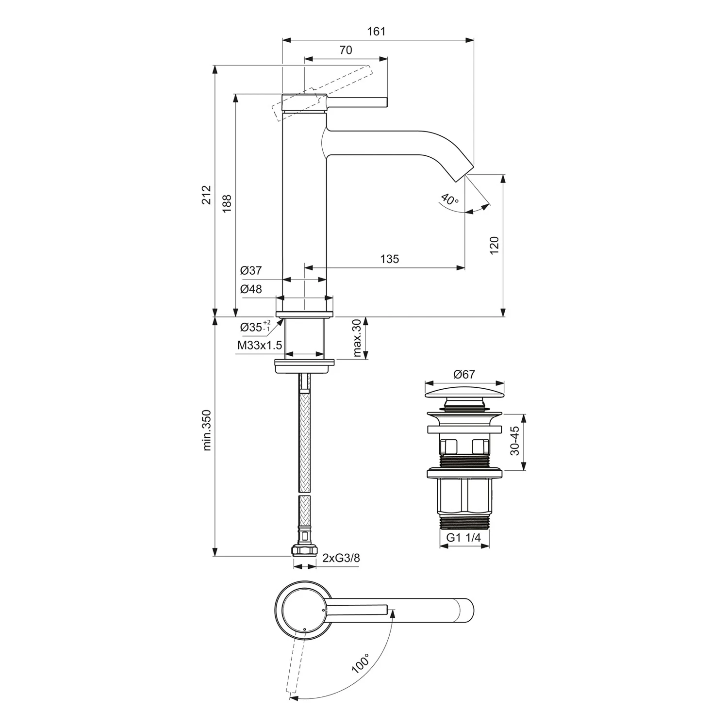 Rysunek techniczny baterii umywalkowej z wymiarami, Ideal Standard