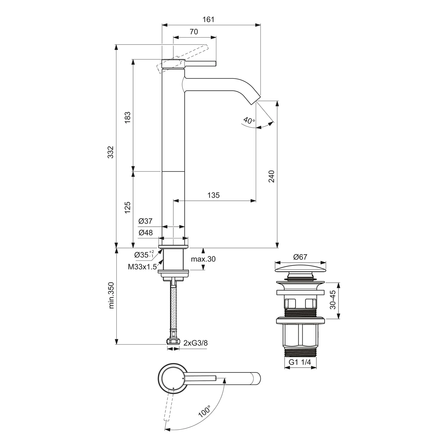 Rysunek techniczny baterii umywalkowej z wymiarami, Ideal Standard