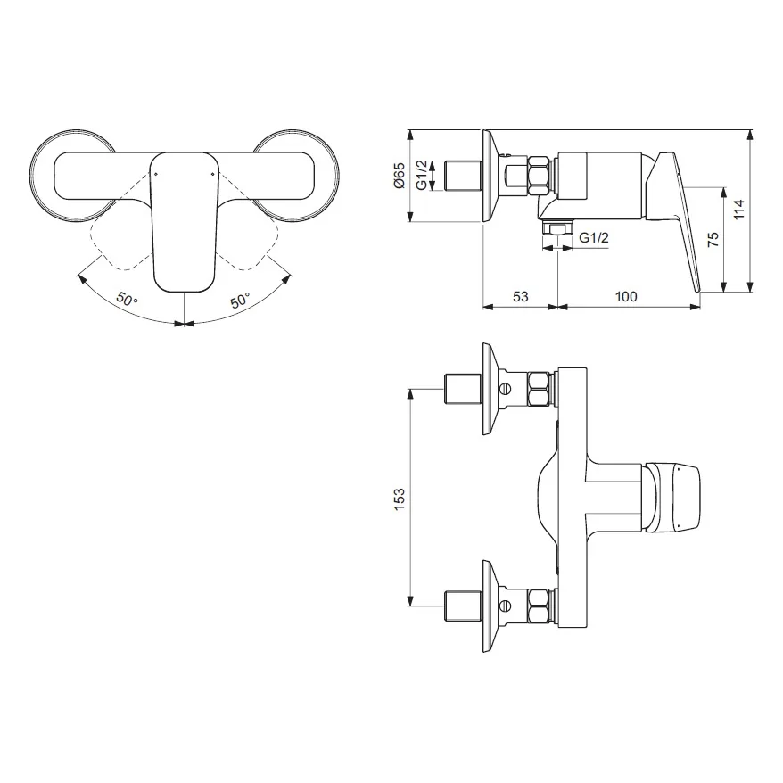 Rysunek techniczny baterii prysznicowej z wymiarami, Ideal Standard