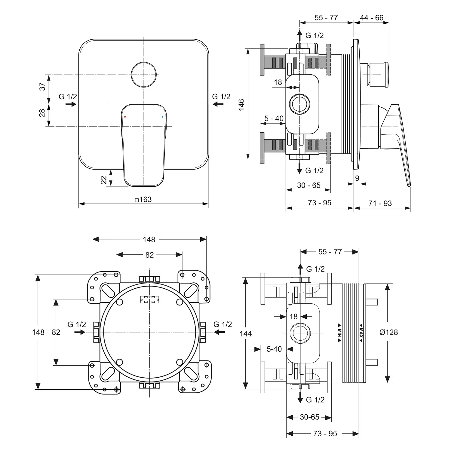 Rysunek techniczny armatury prysznicowej z wymiarami, Ideal Standard