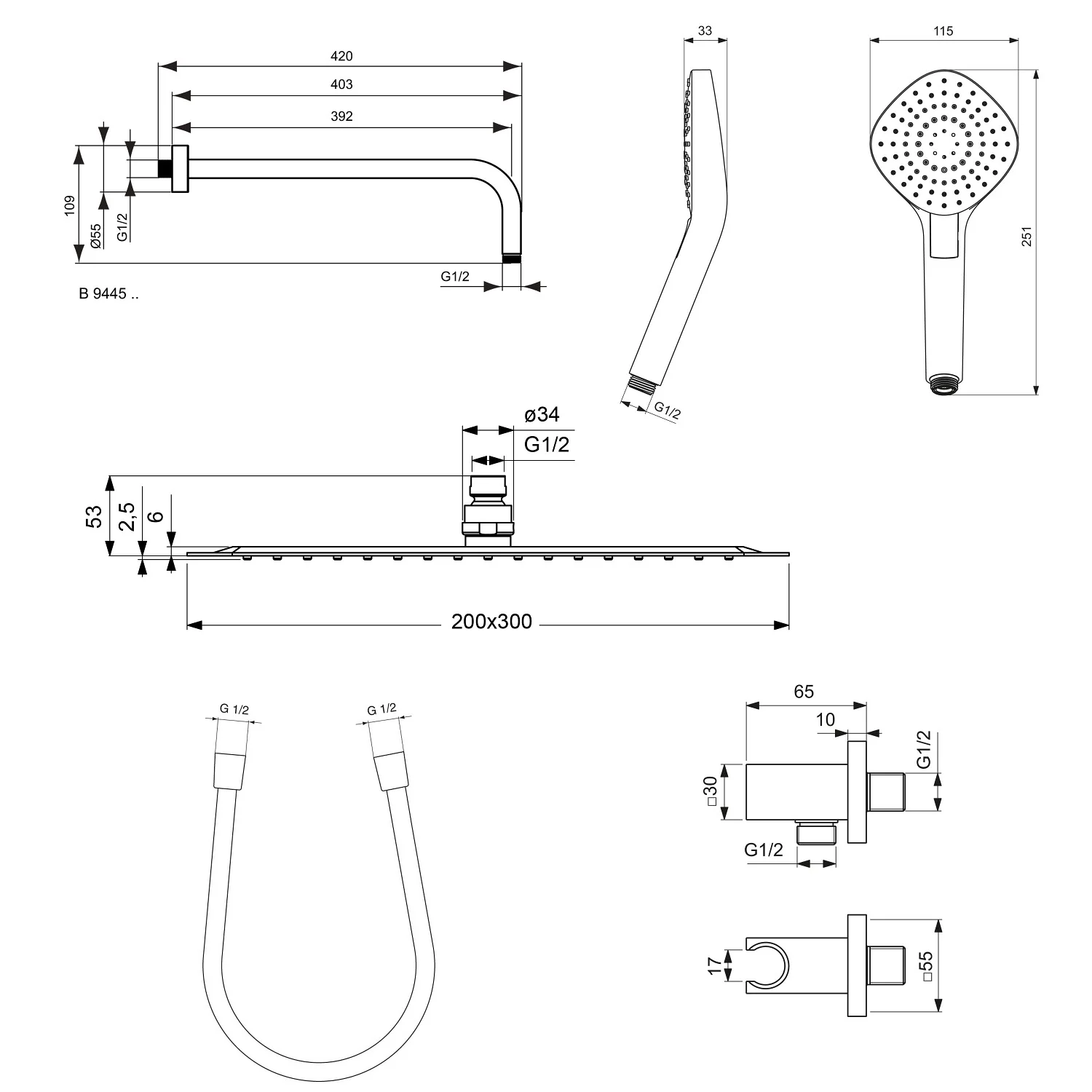 Rysunek techniczny baterii prysznicowej z wymiarami, Ideal Standard