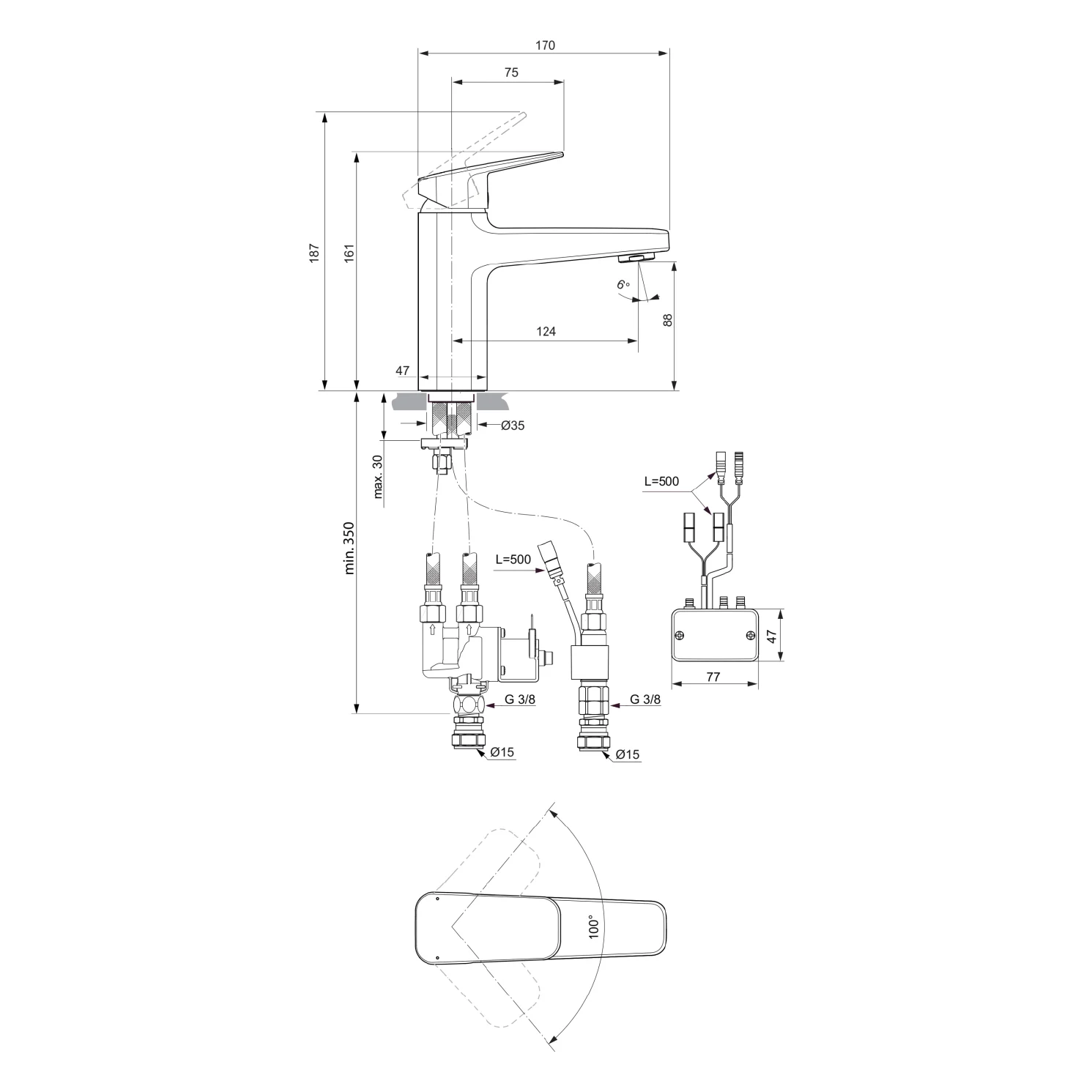 Rysunek techniczny baterii Ceraplan IX, Ideal Standard