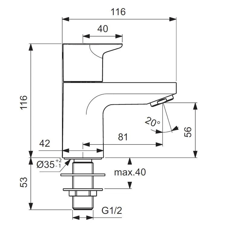 Rysunek techniczny zaworu stojącego z wymiarami, Ideal Standard