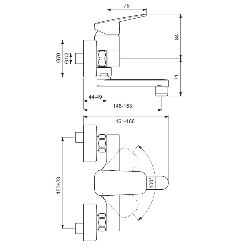 Rysunek techniczny baterii ściennej z wymiarami, Ideal Standard
