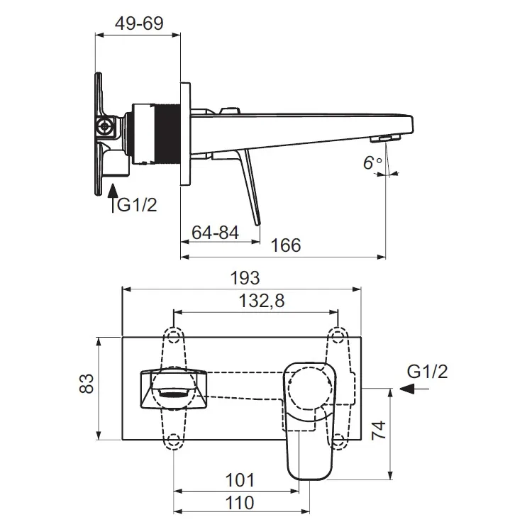 Rysunek techniczny baterii ściennej z wymiarami, Ideal Standard