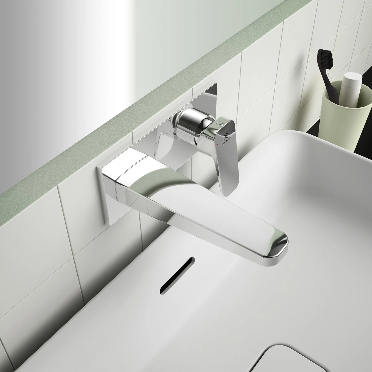 Bateria ścienna nad umywalką w nowoczesnej łazience, Ideal Standard