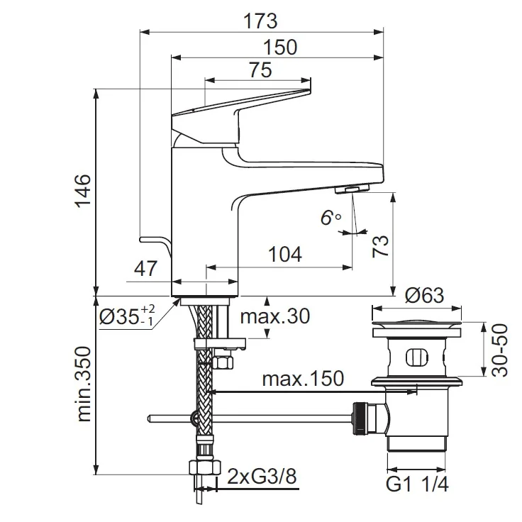 Rysunek techniczny baterii umywalkowej z wymiarami, Ideal Standard