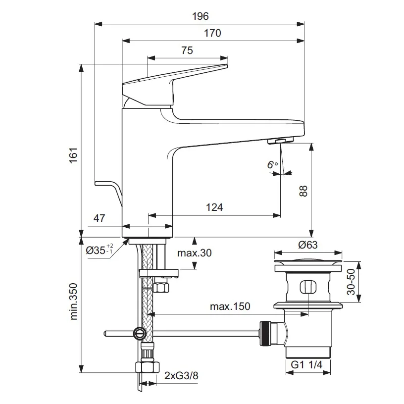 Rysunek techniczny baterii umywalkowej z wymiarami, Ideal Standard